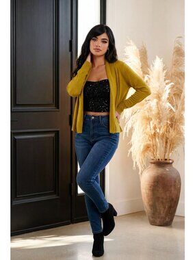 Eileen Fisher 3/4 Sleeve Open Front Knit Crop Cardigan Green